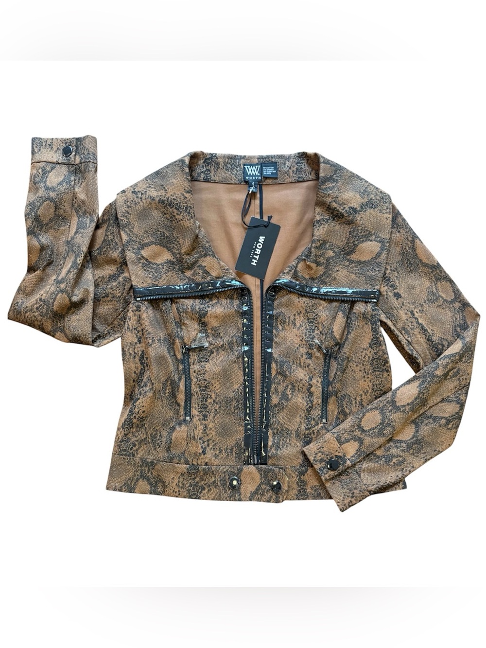 NWT Worth Snake-Print Zip Moto Jacket with Black Trim, Size 4